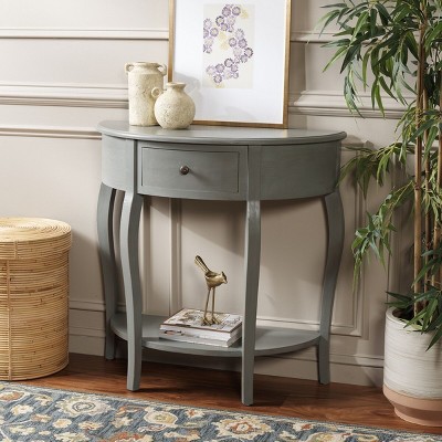 Gray Pine Wood Demilune Console Table with Storage