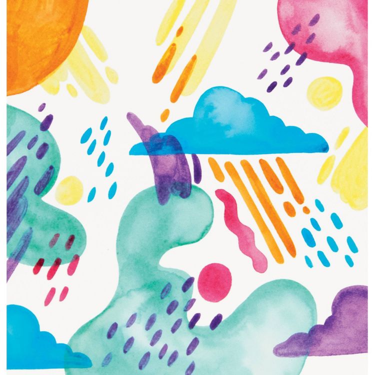 Abstract watercolor painting featuring colorful clouds, raindrops, and sun-like shapes in shades of blue, orange, pink, and green.
