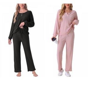 cheibear Women's Waffle Knit Lounge Longsleeve Soft Pajama Set - 1 of 4