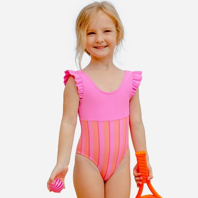 Girl's Ruffled Stripe One Piece Swimsuit - Cupshe - Pink