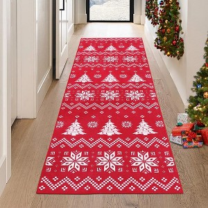 Christmas Snowflake and Xmas Tree Pattern Area Rug Washable Rug - 1 of 4