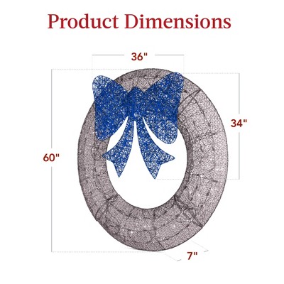 60in Silver and Blue LED Outdoor Christmas Wreath with Bow