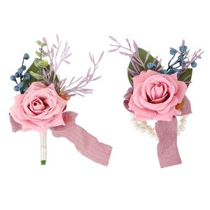 Unique Bargains Rose Corsage and Boutonnieres Set For Party Wedding Flowers Pin 2.76 Inch 2 Pcs - 1 of 4