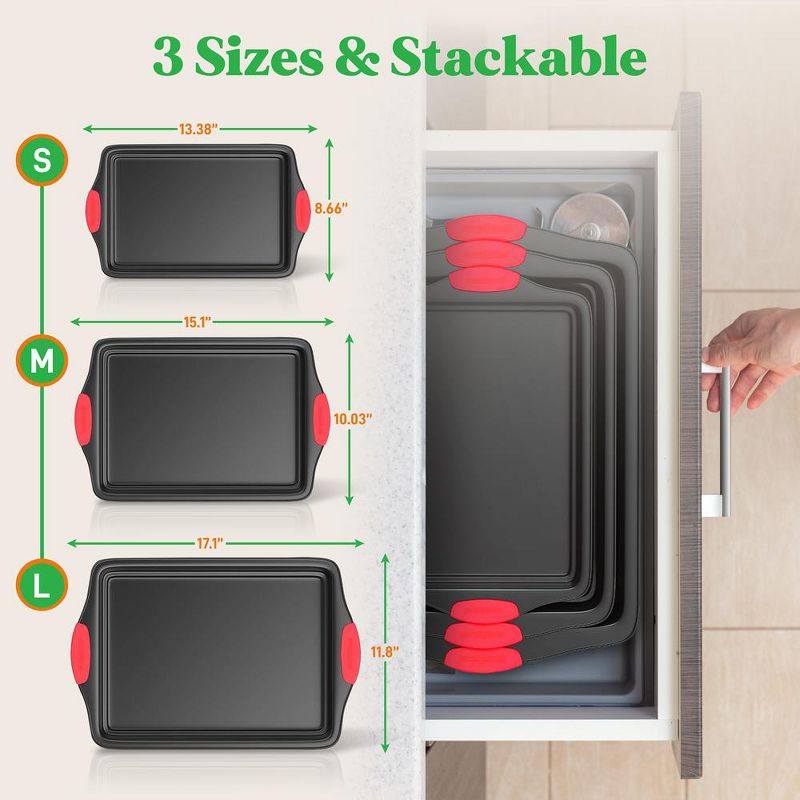 NutriChef Kitchen Oven Non Stick Gray Coating Carbon Steel 3 Piece Cookie Sheets Bakeware Set with Heat Resistant Red Silicone Handles (2 Pack), 2 of 7