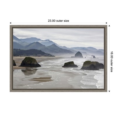 Cannon Beach Fog Coastline Landscape Canvas Print in Grey Frame