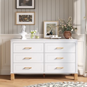 solid wood white dresser 6-Drawer Modern Dresser for Bedroom, White Storage Cabinet with Solid Wood  Legs, Mid-Century Chest of Drawers for Living Room-Panipeachy