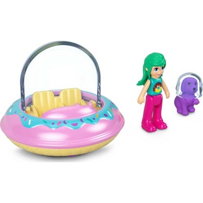 Polly Pocket Pollyville Micro Doll with Donut-Themed Spaceship and Helmet-Wearing Mini Puppy