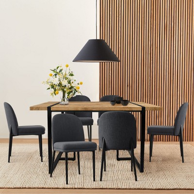 7-Piece Modern Rectangular Dining Table Set with 6 Upholstered Linen Dining Chairs, Solid Wood Table for Kitchen or Dining Room-Maison Boucle
