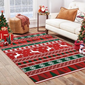 Christmas Area Rug, Washable Ultra-Thin Non-Slip Holiday Carpet with Reindeer & Snowflake Print for Living Room Bedroom Entryway, Red - 1 of 4