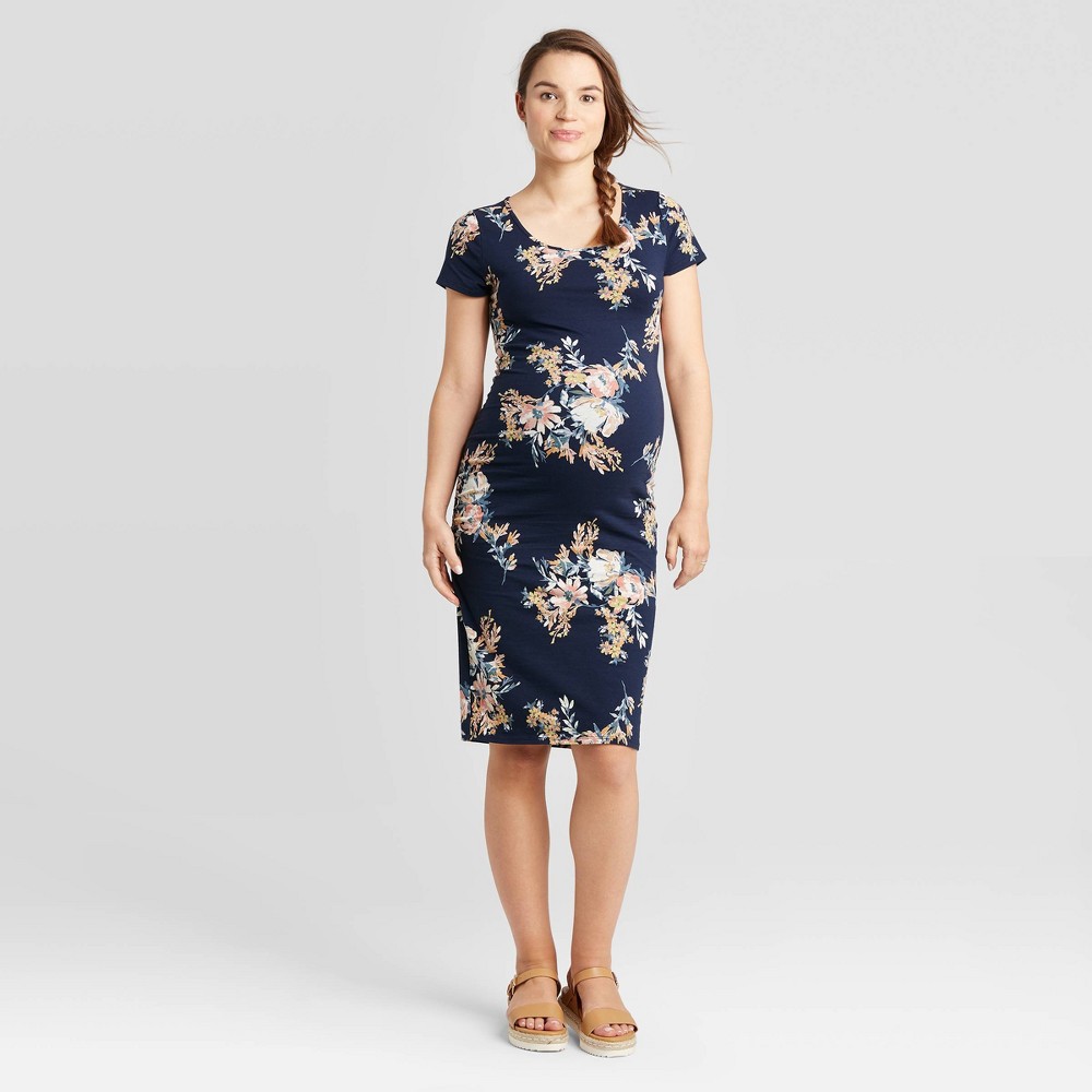 Floral Print Short Sleeve T-Shirt Maternity Dress - Isabel Maternity by Ingrid & Isabel Navy XS, Blue was $24.99 now $10.0 (60.0% off)