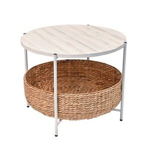 happimess Carly Modern Coastal Round Acacia Wood/Water Hyacinth Coffee Table with Storage Basket - 1 of 4