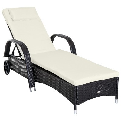 Outsunny Patio Wicker Chaise Lounge, PE Rattan Outdoor Lounge Chair with Cushion, Height Adjustable Backrest & Wheels