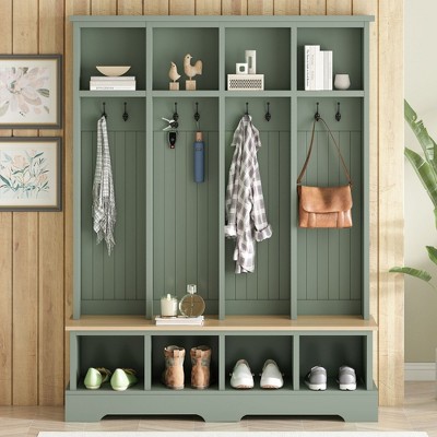 Sapphtopaz 59" Farmhouse 3-in-1 Hall Tree with 8 Hooks,Modern Entryway Bench with Open Compartments&Shoe Rack,Shoe Cabinet for Entryway,Hallway