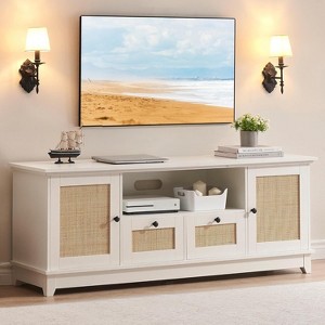 Rattan TV Stand for 65 Inch TV, White Entertainment Center for Living Room, Boho TV Console with 2 Cabinets & Drawer, TV Stand with Storage - 1 of 4