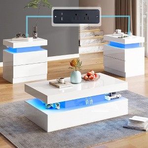 AMERLIFE 3 Pieces Modern High Gloss Living Room Table Set with LED Light and Storage, 2 End Side Tables with Charging Station for Living Room - 1 of 4