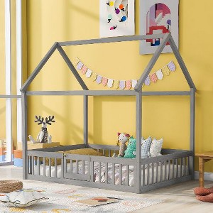 CAVINAS Twin Size Bed Frame, Wood House Bed with Fence and Door for Children, Floor Platform Bed - 1 of 4