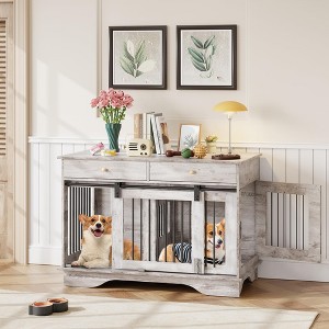 47" Dog Furniture Crate, Large Furniture Style Dog Crate w/ 2 Storage Draws & Removable Divider & Triple Door Design - 1 of 4