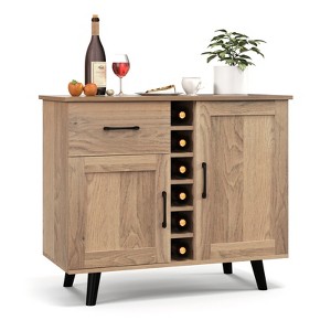 Costway 2-Door Wine Bar Cabinet Kitchen Sideboard Buffet with Drawer & Adjustable Shelves Black/Natural - 1 of 4