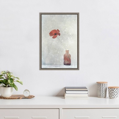 Winter Poppy Red and Gray Framed Canvas Print