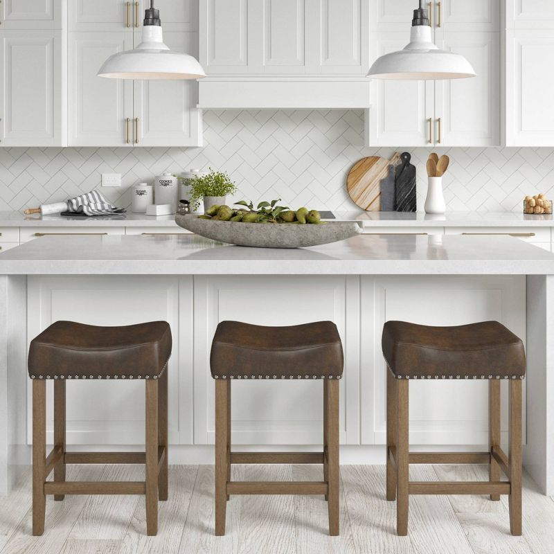 24" Faux Leather and Wood Saddle Barstool - Nathan James, 2 of 4