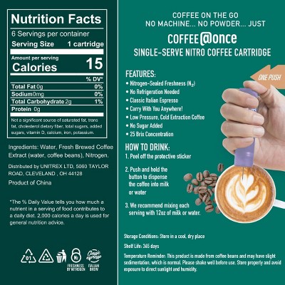 @Once Coffee Latte Espresso Roast Single Serve Nitro Coffee Cartridges - 96g/6ct