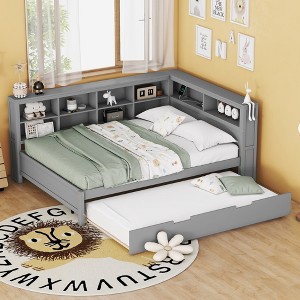 KTMBDW Daybed with Trundle, Wooden Twin/Full Size Bed Frame with Storage Shelf and USB for Living Room, Bedroom and Guest Room - 1 of 4