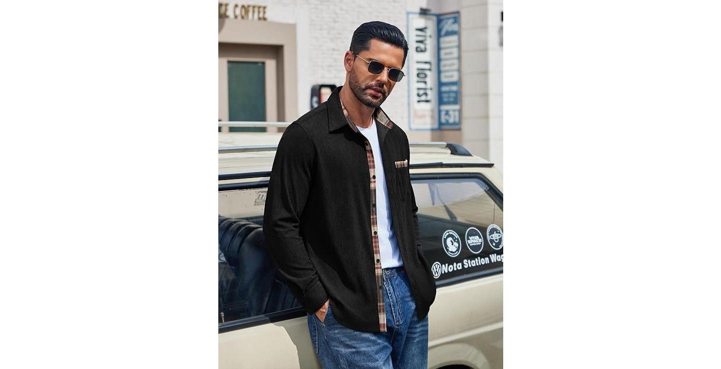 Мужская куртка COOFANDY Corduroy Shirt Men Long Sleeve Button Down Casual Overshirt Shirt Jacket Black, цвет: Чёрный — фото 3