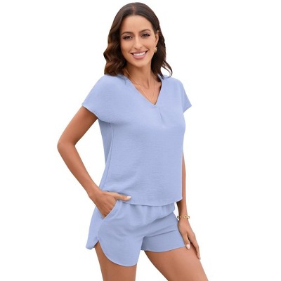 Womens Summer Pajama Sets 2 Piece Lounge Sets Shorts Set V Neck Shirt with 4 Inseam Shorts Solid Pajama Sets - Light Blue,L