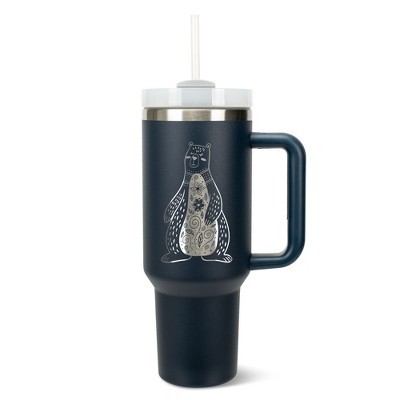 Elanze Designs 40 Ounce Travel Tumbler With Straw and Lid Stainless Steel Double Wall Insulated Whimsical Floral Bear Navy Blue