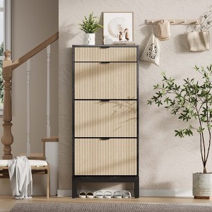 Modern Fluted 3 Flip Drawer Shoe Cabient, 55.5'' H Tall Shoe Storage with Drawer, Narrow Wooden Shoe Organizer with Metal Legs, Hidden Shoe Rack - 1 of 4
