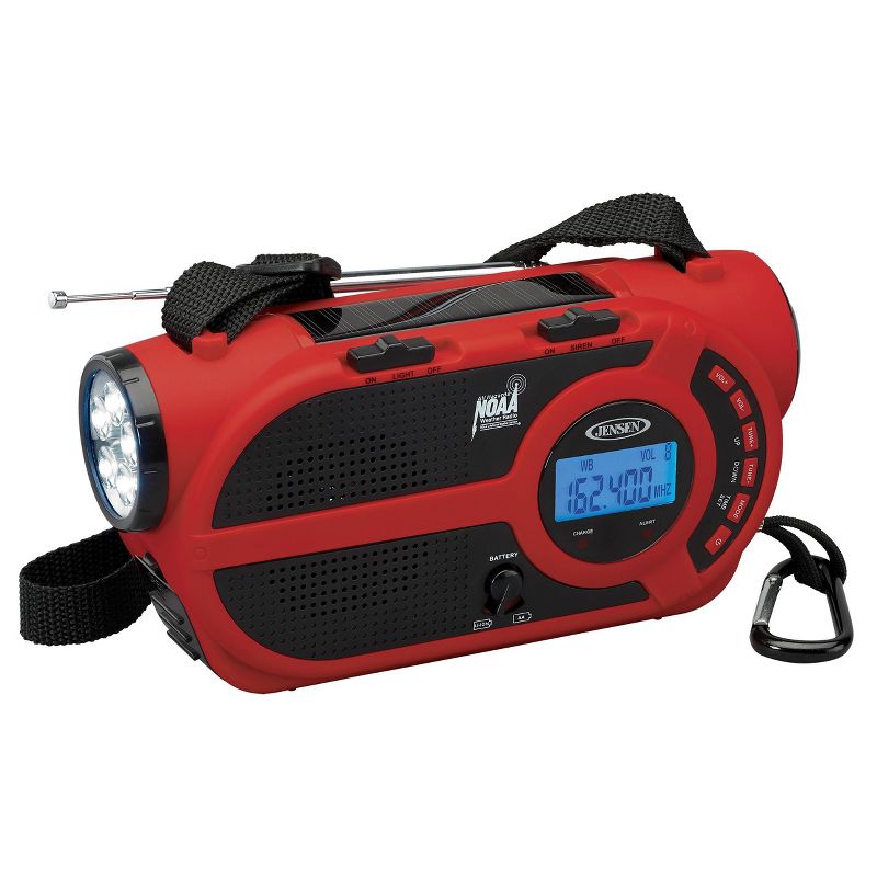 JENSEN AM/FM Weather Band/Weather Alert Radio with 4-way Power Built-in Flashlight and Emergency USB - Red, 1 of 9