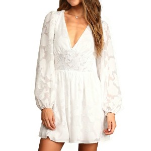 Women's Casual Mini Dress Long Sleeve V-Neck High Waist, Flowy A-Line Chiffon Dress for Daily Wear - 1 of 4