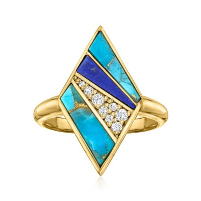 Ross-Simons Turquoise, Lapis and 0.10 ct. t.w. White Topaz Geometric Ring in 18kt Gold Over Sterling