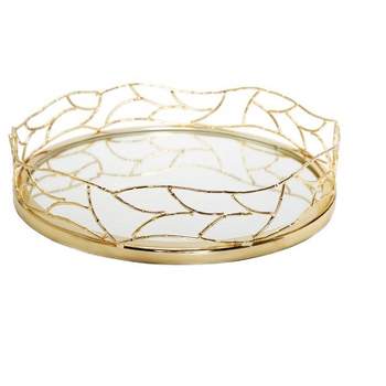 Classic Touch Round Mirror tray gold Mesh design 14"