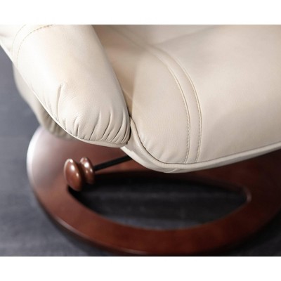 Taupe Bonded Leather Swivel Recliner with Walnut Base and Ottoman