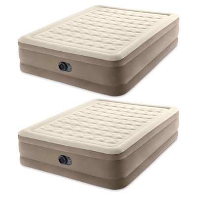 Intex Dura Beam Deluxe Ultra Plush 18 Inch Queen Bed Inflatable Air Mattress with Fiber Tech Construction and Built In Pump, Beige (2 Pack)