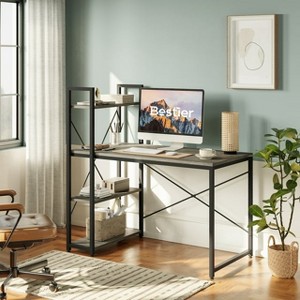 Bestier 47" Computer Desk with Adjustable Shelves, Writing Desk with Reversible Bookshelf, Retro Grey Oak-Dark - 1 of 4