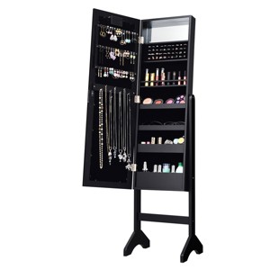 Costway Mirrored Jewelry Cabinet Organizer w/18 LED lights Black - 1 of 4