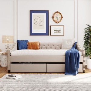 Upholstered daybed with Two Drawers Wood Slat Support Beige Full Size - 1 of 4