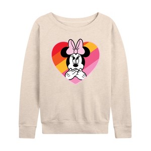 Women's - Disney - Minnie Mouse Rainbow Heart Lightweight French Terry Wide Neck Long Sleeve Shirt - 1 of 4