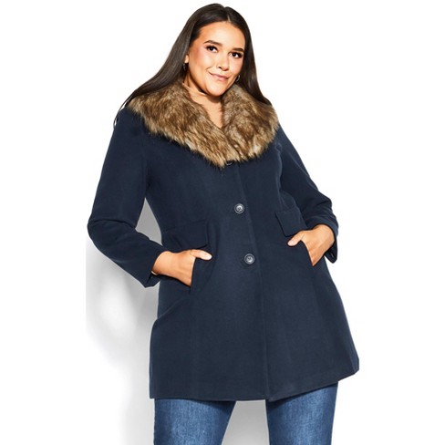 Women's Plus Size Faux Wool Long Coat - Navy
