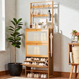 Mshliw Shoe Cabinet with 3 Rattan Flip Drawers and Coat Hooks Bamboo Shoe Storage Cabinet for Entryway Hallway Closet and Living Room - 1 of 4