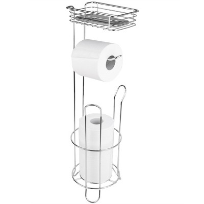 Home Basics Free Standing Dispensing Toilet Paper Holder with Built-in Accessory Tray, Silver