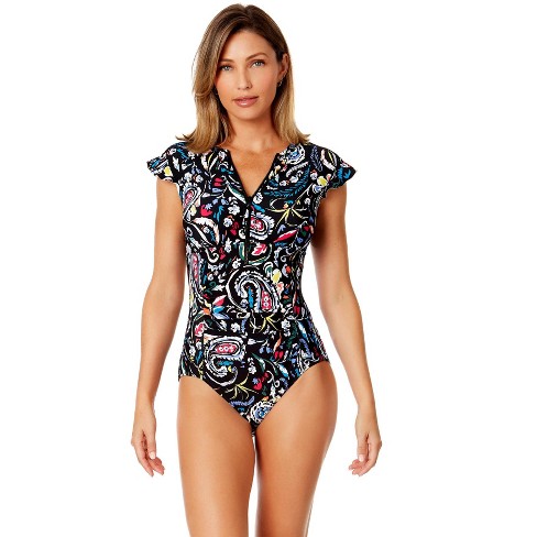 Women's Tropical Print Shirred Full Coverage One Piece Swimsuit