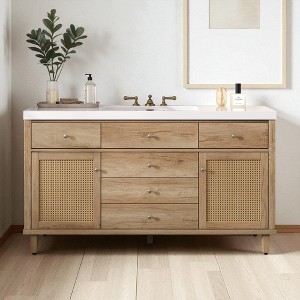 60" Bathroom Vanity with SMC Sink, Freestanding Storage Cabinet with Rattan Doors, Soft Close Drawers, Silver Knobs and Pine Legs - 1 of 4