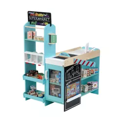 Theo Klein 9391 Wooden Shopping Center Supermarket Check Out Toy Playset with Over 50 Accessories for Toddlers Ages 3 and Up, Teal