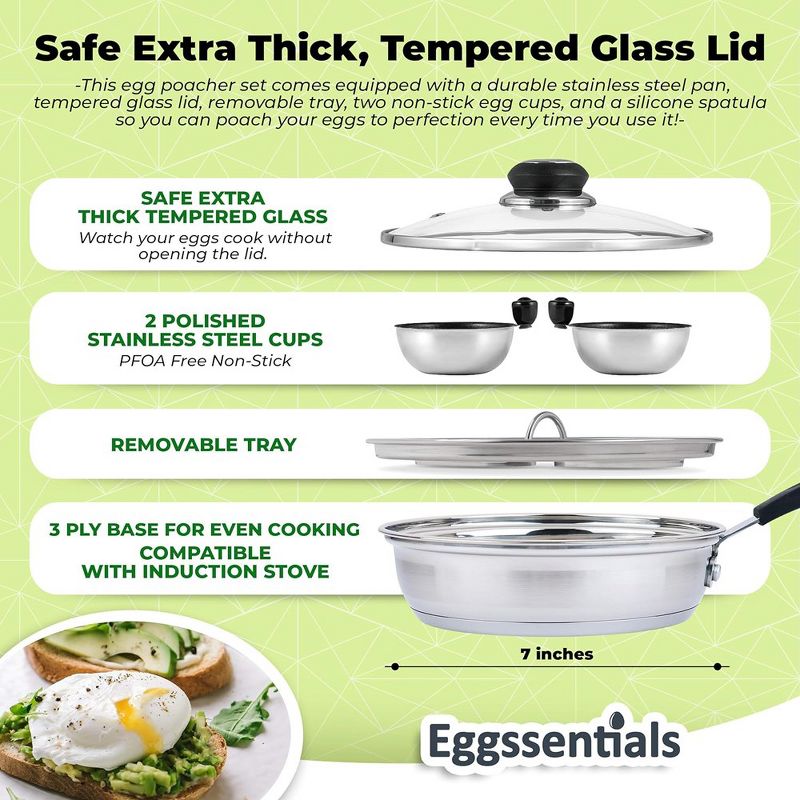 Eggssentials 2 Cup Nonstick Stainless Steel Egg Poacher Pan, Poached Egg Cooker with Spatula Included, Makes Poached Eggs Simple, Perfect for any Meal, 5 of 8