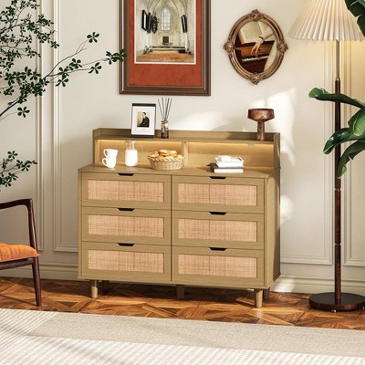 Natural Rattan 6-Drawer Dresser with LED Lights and Power Outlet
