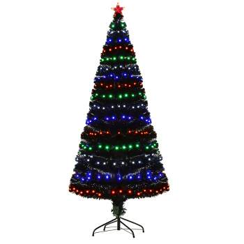 HOMCOM 6 FT Tall Fir Artificial Christmas Tree with Realistic Branches, 230 Multi-Color Fiber Optic LED Lights and 230 Tips, Black