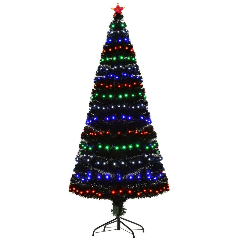 HOMCOM 6 FT Tall Fir Artificial Christmas Tree with Realistic Branches, 230 Multi-Color Fiber Optic LED Lights and 230 Tips, Black, 1 of 9